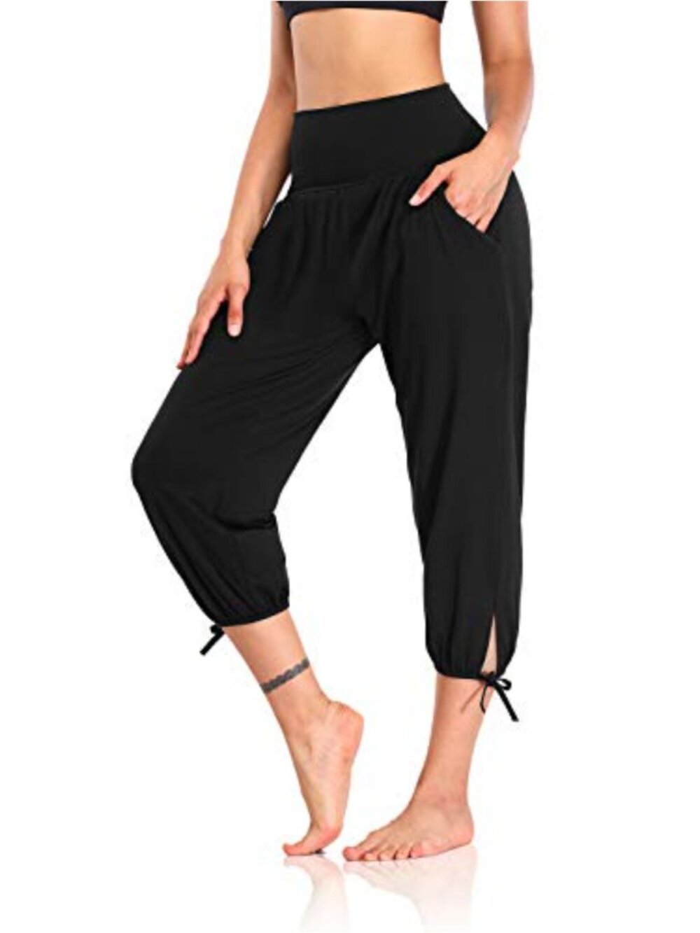 High Waisted Capri Yoga Pants with Pockets, Loose Lounge Joggers, 92% Polyester